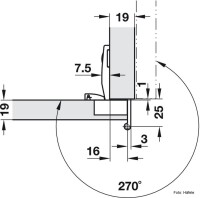 Objektscharnier Häfele Aximat 100 SM Eckanschlag für Seitenwanddicke 19 mm zum Schrauben Bohrbild 52/9 2-D-Einstellung