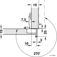 Objektscharnier Häfele Aximat 100 SM Eckanschlag für Seitenwanddicke 19 mm zum Schrauben Bohrbild 52/9, 3-D-Einstellung