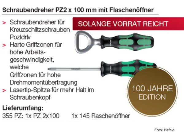 Häfele Schraubendreher PZ2 x 100 mm mit Flaschenöffner